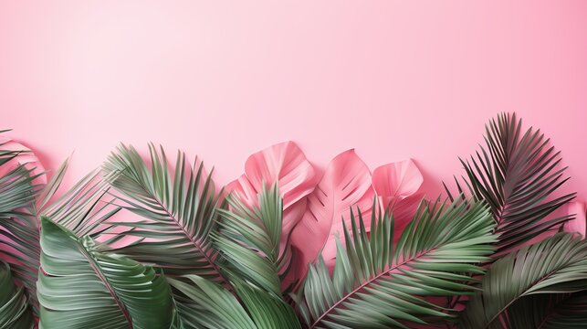 Pink background with tropical palms leaves with empty space for text. AI generated image.