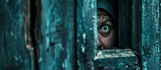 An individual is cautiously observing through a locked wooden door, surrounded by the enchanting darkness of a deep forest.