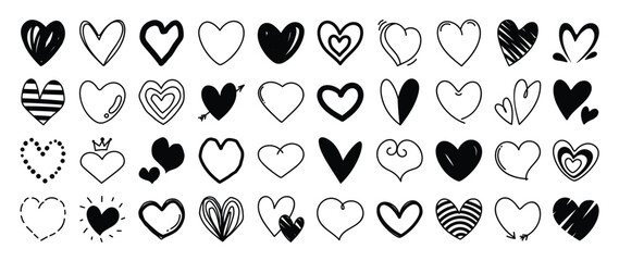 Set of heart doodle element vector. Hand drawn doodle style collection of different heart, love symbol. Illustration design for print, cartoon, card, decoration, sticker, icon, valentine day, clipart.