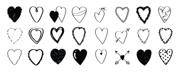 Set of heart doodle element vector. Hand drawn doodle style collection of different heart, love symbol. Illustration design for print, cartoon, card, decoration, sticker, icon, valentine day, clipart.