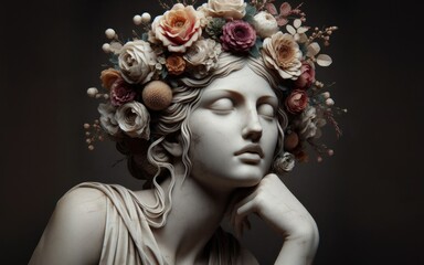 A female statue. Nymph with a wreath of flowers, illustration - obrazy, fototapety, plakaty