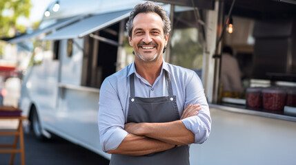picture of a smiling, happy middle-aged male small business owner with her food truck in the background.