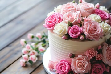 Floral cakes creatively adorned with love on wooden backdrop for special occasions highlighting focus and free area