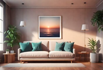 modern living room with sunset photo in frame 