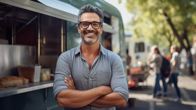 picture of a smiling, happy middle-aged male small business owner with her food truck in the background.