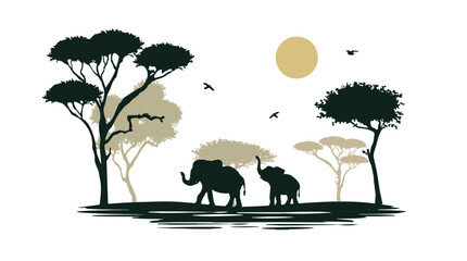 elephants and savannah trees vector silhouette. silhouette of african animals and nature vector