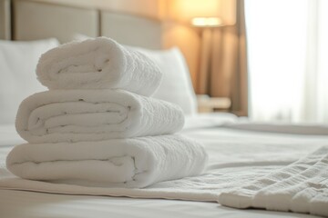 Fototapeta na wymiar Hotel room with clean towels on bed Maid made up bed with white pillows and sheets in beautiful bedroom Close up interior background showcasing towel and room
