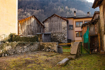 Old buildings in the historic hill village of Timau in Udine Province, Friuli-Venezia Giulia, North East Italy. Part of the Paluzza municipality, it is a German linguistic enclave, Val But,Carnia Alps