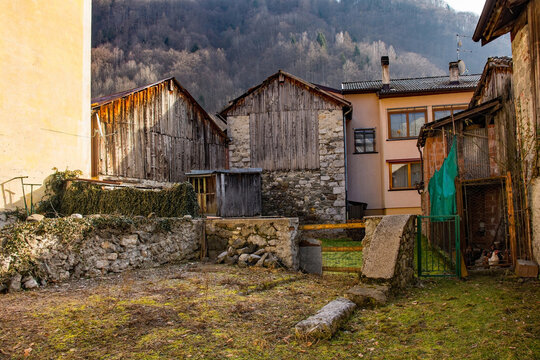 Old buildings in the historic hill village of Timau in Udine Province, Friuli-Venezia Giulia, North East Italy. Part of the Paluzza municipality, it is a German linguistic enclave, Val But,Carnia Alps