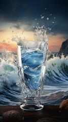 Glass with waterdrops and dramatic ocean waves in the background Generative Ai