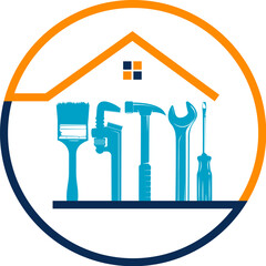 House symbol in a circle and a set of repair tools. Repair service and maintenance