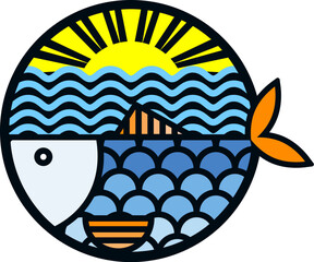 Fish, yellow sun and blue waves design