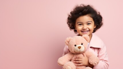 Studio portrait of a toddler girl with teddy bear. Advertising concept. AI generated image.