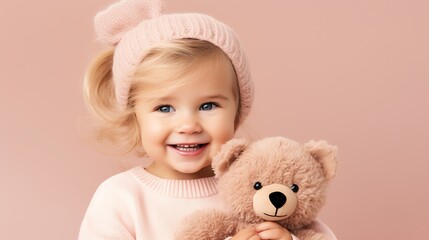 Studio portrait of a toddler girl with teddy bear. Advertising concept. AI generated image.