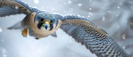 Fototapeta premium Banner of a peregrine falcon in Winter with blurred background 