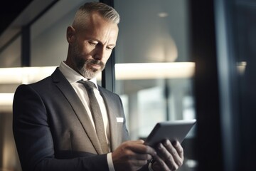 shot of a businessman using a digital tablet while working in the office - obrazy, fototapety, plakaty