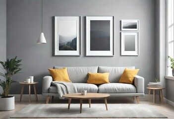 living room interior with photos in frames on wall