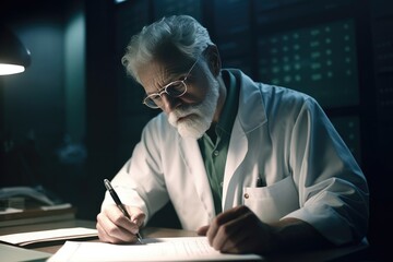 shot of a mature male scientist writing down results in his lab - obrazy, fototapety, plakaty