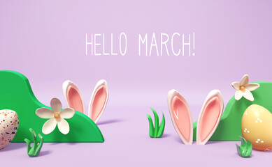 Hello March message with rabbit ears and Easter eggs