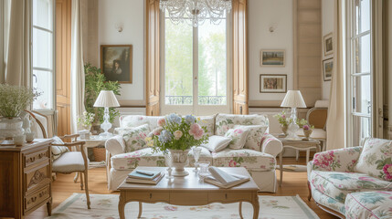 Fototapeta na wymiar Elegant French Country Living Room: Vintage Provence Style Interior with Floral Upholstered Sofas, Antique Wooden Furniture, and Fresh Flower Arrangements, Classic Elegance with Natural Light