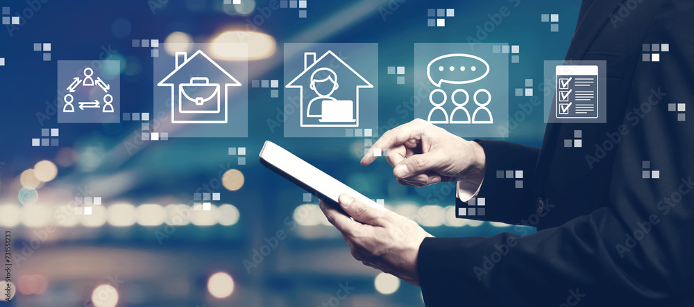Poster remote work theme with businessman using a tablet computer