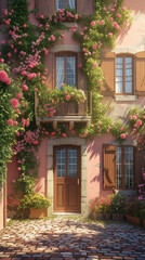 Fototapeta na wymiar Storybook Charm: Pastel-Pink Provence House Adorned with Lush Rose Vines, Traditional Wooden Shutters, and Cobblestone Pathway, Quintessential French Village Romance
