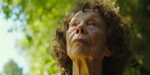 elderly woman with curly hair looking up, generative AI