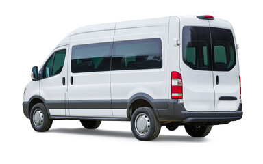 Modern white passenger mini van rear back left side corner angle view, isolated on white or transparent

