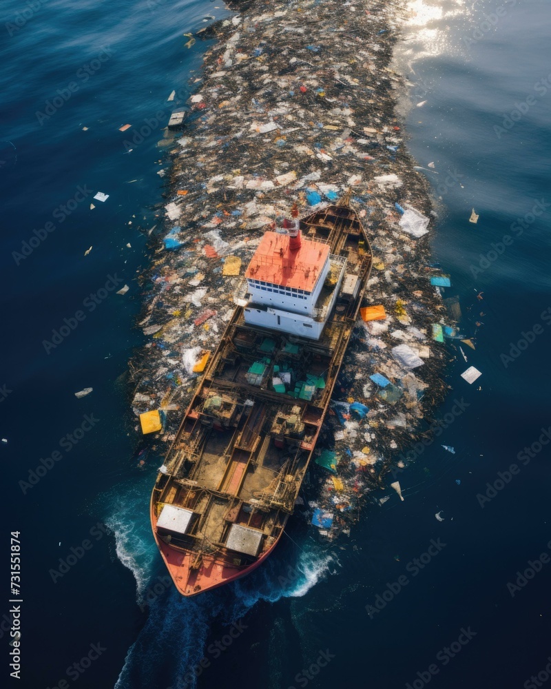 Poster a boat floating in the ocean with garbage on it. generative ai.