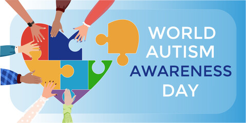 Autism awareness poster with heart and hands on purple background. Heart made of puzzle pieces as symbol of autism. Solidarity and support symbol. Medical concept. Vector illustration.