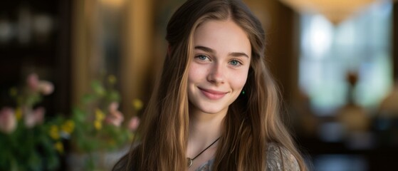 Obraz premium A young girl with long hair smiling. Generative AI.