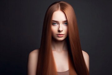 Fototapeta premium Portrait Beautiful brunette girl with long brown hair, studio light.
