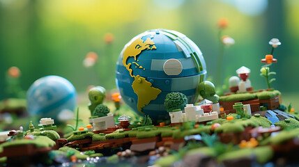 world globe made of plastic construction bricks. 3D rendering.