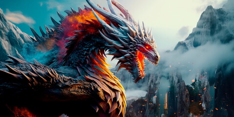 mythical dragon that breathes fire and has huge wings. Generative AI