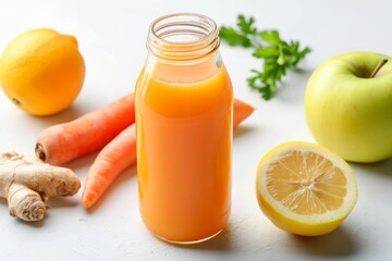 Detox smoothie with natural organic ingredients for weight loss or fasting Carrot apple ginger and lemon blend in a bottle