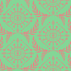 Seamless pink Damask pattern on a green background. Floral abstract repeat monochrome background.