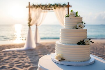 Beach wedding with a beautiful arch and wedding cake for exit ceremony