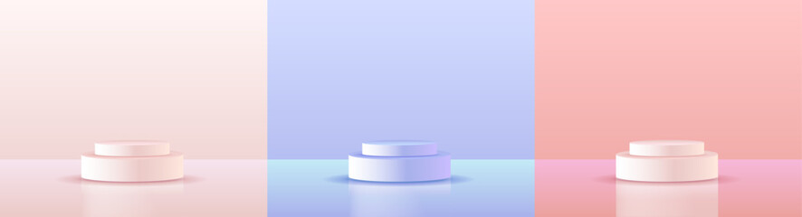 A set of three 3D images in pastel colors.
Product demonstration on the podium. Vector image, banner.
