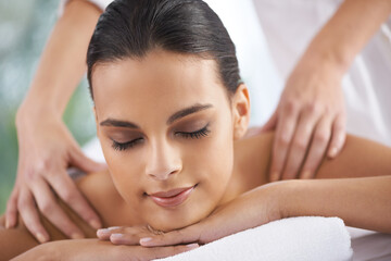Spa, massage and wellness of a woman, calm and weekend break with health therapy for zen treatment....