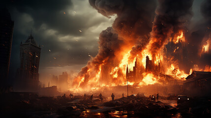 Buildings on the street destroyed by war conflict clashes.