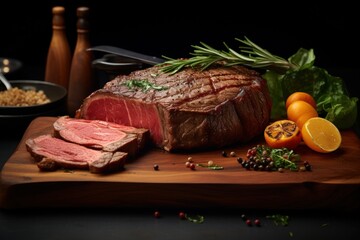 Grilled sliced beef steak artfully arranged on a cutting board.