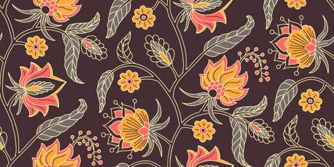 Seamless pattern with stylised indian style flowers and leaves on a stem. Hand drawn floral repeat background © akini