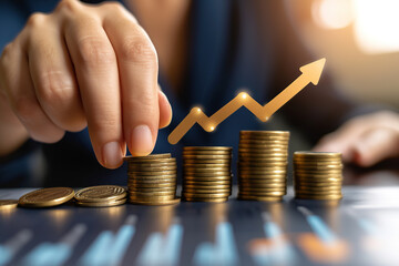 close up image of hands counting stacks of coins in a concept of economic growth, savings and investment