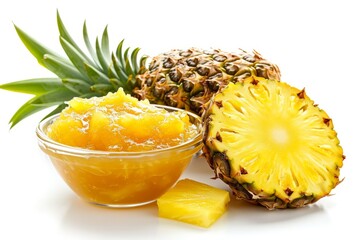 Fresh pineapple fruit in glass bowl isolated on white background