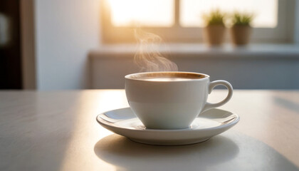 Morning Coffee: A white cup filled with steaming coffee rests on a clean white table, casting a subtle shadow. creating a serene morning scene.