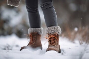 person, sporting cozy winter outfit of knitwear and warm boots - obrazy, fototapety, plakaty