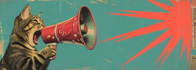 A cat in a vintage comic style energetically yells into a red megaphone, with bold lines radiating against a textured teal background, creating a striking and expressive illustration.
