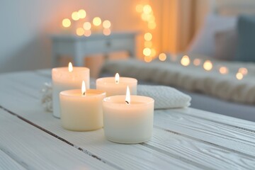 Fototapeta na wymiar Cozy home interior with detailed still life Candles placed on a white wooden table near the bed Close up shot capturing the concept of coziness
