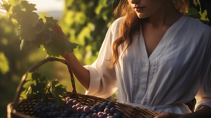 Young woman collecting grapes. AI generated image. - obrazy, fototapety, plakaty
