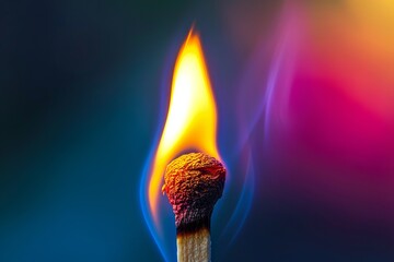 Close up of burning wooden matchstick with vibrant flame